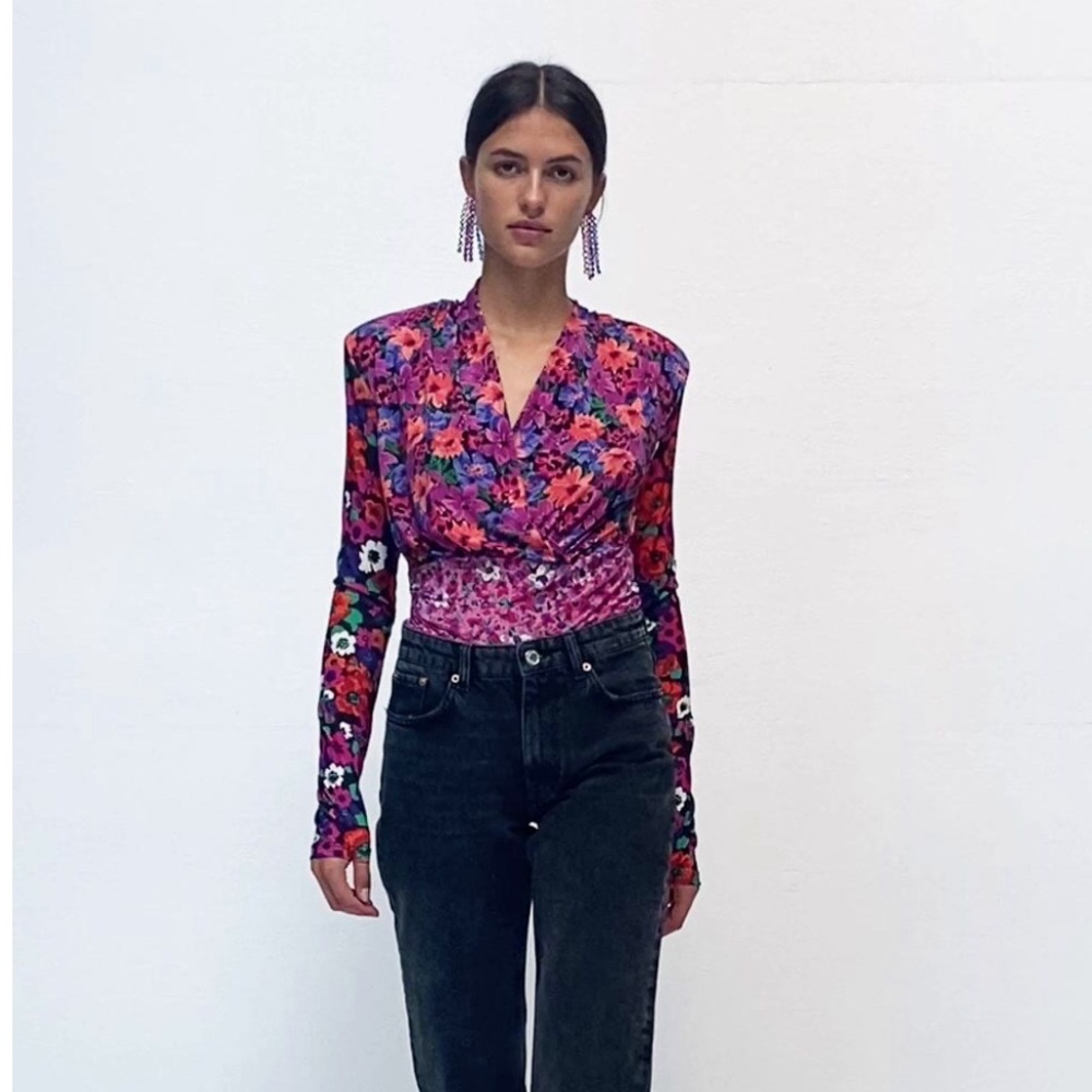 ZARA Floral Satin Long Sleeve Pink Purple Top Size Small